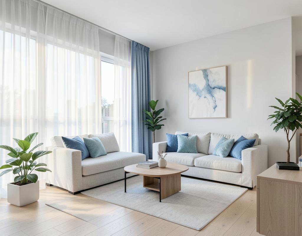 A bright, modern managed apartment living room with soft morning light